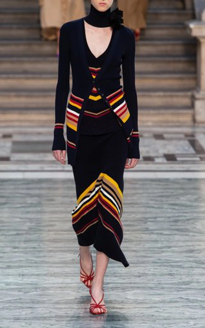 Shop Victoria Beckham Striped Stretch Cotton-blend Midi Skirt In Navy
