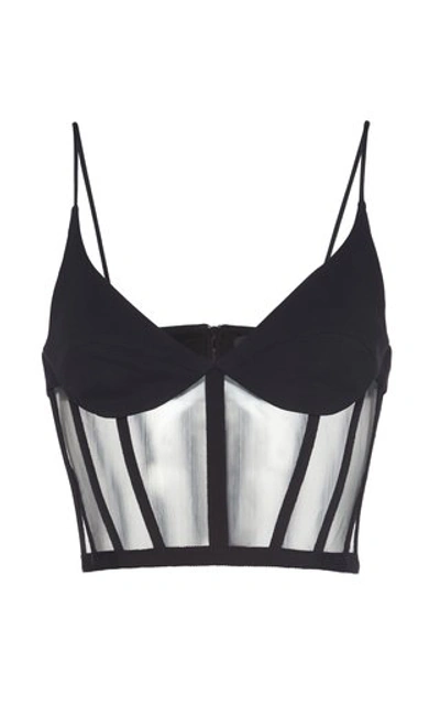 Shop David Koma Tulle-trimmed Stretch-crepe Bustier Top In Black