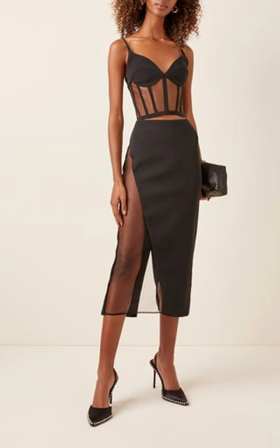 Shop David Koma Tulle-trimmed Stretch-crepe Bustier Top In Black