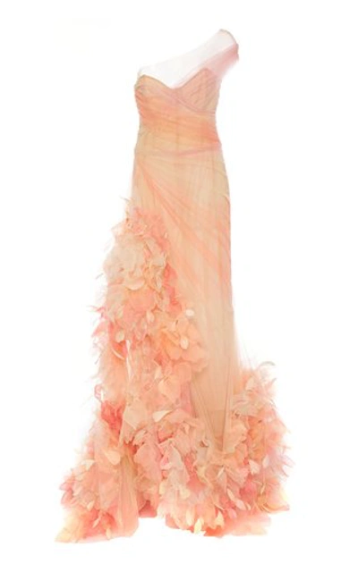 Shop Marchesa Feather-embellished Chiffon Dress In Pink