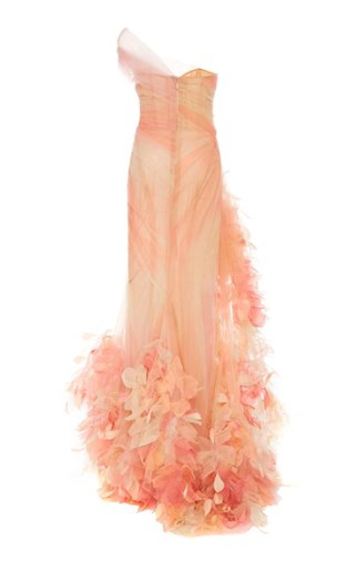 Shop Marchesa Feather-embellished Chiffon Dress In Pink