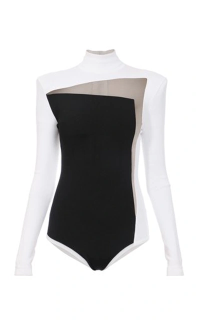 Shop Balmain Mesh-paneled Stretch-knit Bodysuit In Black/white