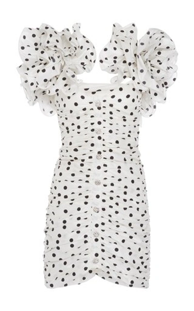 Shop Alessandra Rich Polka-dot Ruffled Ruched Silk Mini Dress In Print