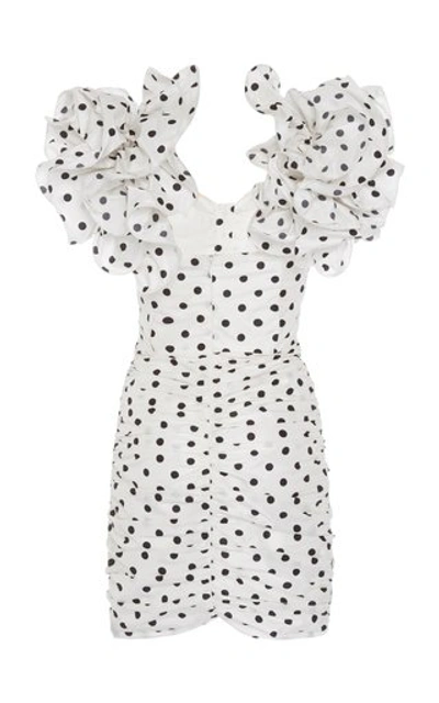 Shop Alessandra Rich Polka-dot Ruffled Ruched Silk Mini Dress In Print
