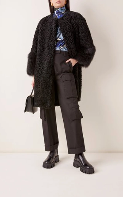 Shop Prada Oversized Fur Evening Coat In Black