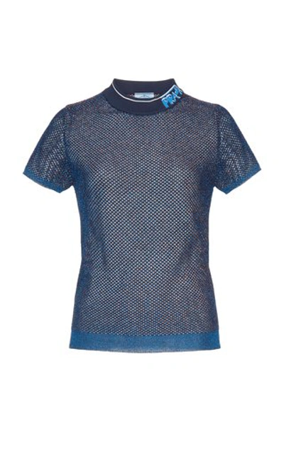 Shop Prada Logo Collar Lurex Mesh Waffle-knit Top In Blue