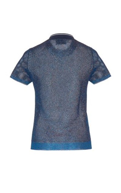 Shop Prada Logo Collar Lurex Mesh Waffle-knit Top In Blue