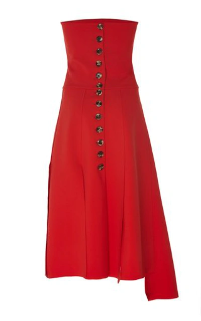 Shop A.w.a.k.e. Asymmetric Cady Strapless Midi Dress In Red