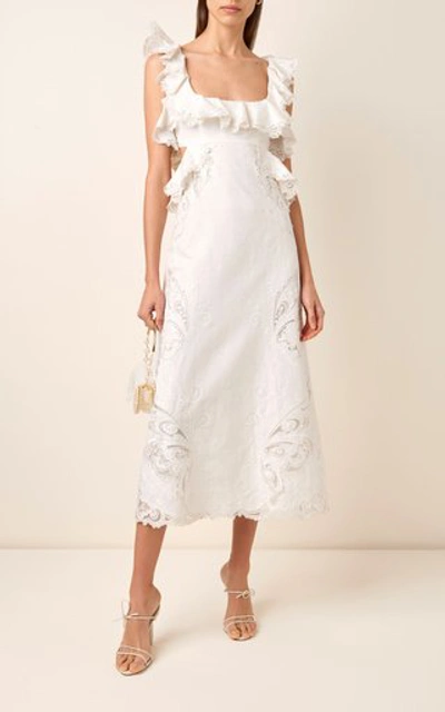 Shop Zimmermann Cutout Ruffled Silk-blend Midi Dress In White