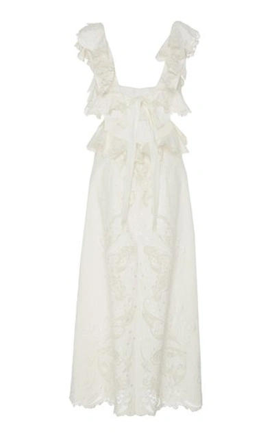 Shop Zimmermann Cutout Ruffled Silk-blend Midi Dress In White