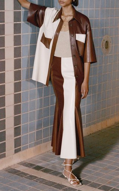 Shop Nanushka Artem Color-block Vegan Leather Midi Skirt In Brown