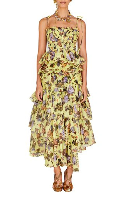 Shop Ulla Johnson Women's Leah Asymmetric Tiered Floral Cotton-silk Maxi Skirt In Yellow,floral