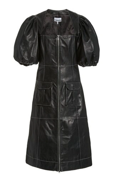 Shop Ganni Mutton-sleeve Leather Midi Dress In Black