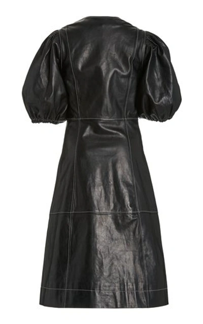 Shop Ganni Mutton-sleeve Leather Midi Dress In Black