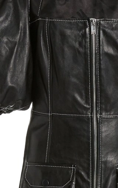 Shop Ganni Mutton-sleeve Leather Midi Dress In Black