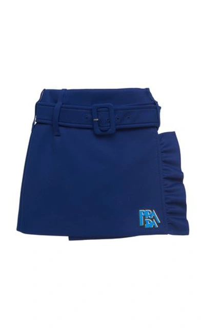 Shop Prada Belted Ruffle Stretch-jersey Mini Skirt In Blue