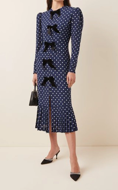 Shop Alessandra Rich Women's Velvet-trimmed Polka-dot Silk Midi Dress In Blue