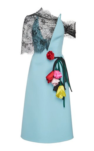 Shop Prada Lace-paneled Appliquéd Gabardine Dress In Blue