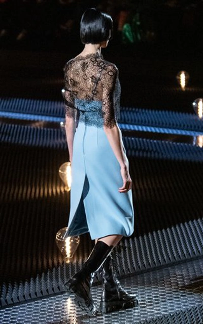 Shop Prada Lace-paneled Appliquéd Gabardine Dress In Blue