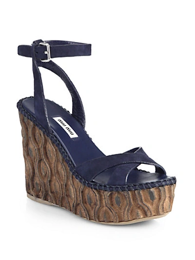 Shop Miu Miu Suede Wooden Wedge Sandals In Blue