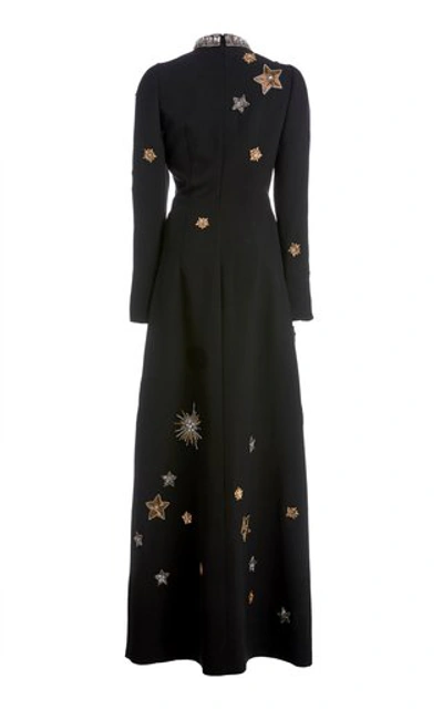 Shop Andrew Gn Embroidered Crepe High-neck Maxi Dress In Black