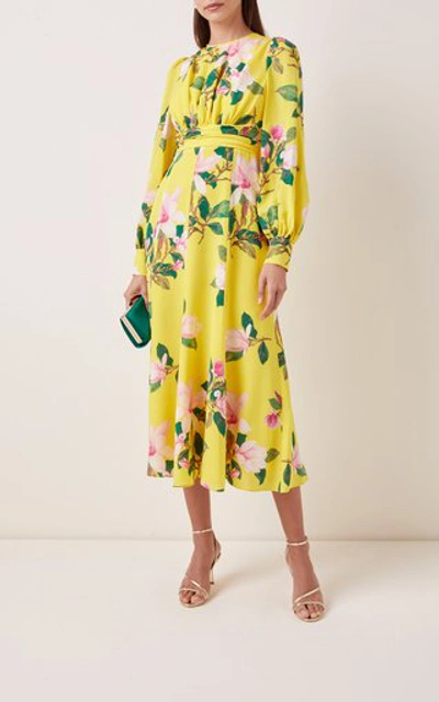 Shop Andrew Gn Floral Silk Midi Dress In Yellow