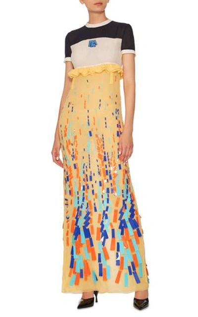 Shop Prada Paneled Embroidered Chiffon Dress In Multi