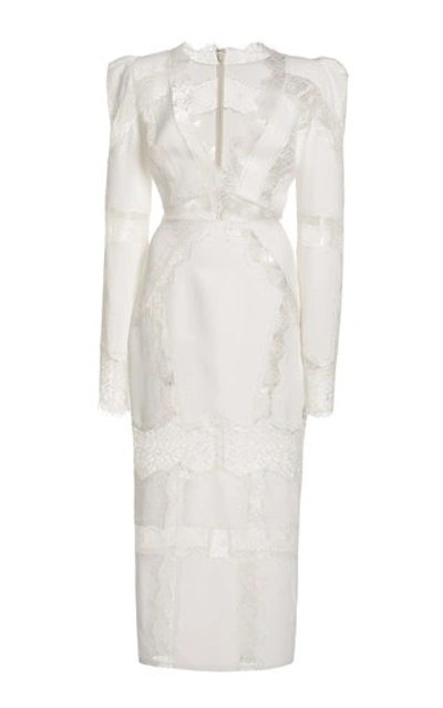 Shop Zuhair Murad Lace-trimmed Cady Midi Dress In White