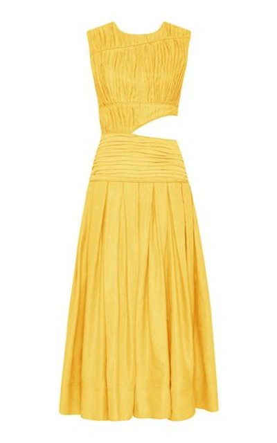Shop Aje Women's Cascade Cutout Pleated Linen-blend Midi Dress In Yellow