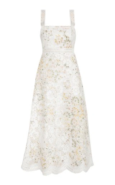 Shop Zimmermann Amelie Embroidered Floral Linen-cotton Midi Dress In Print