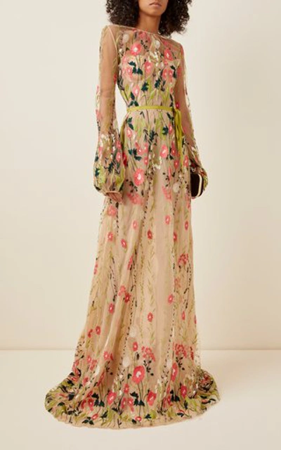 Shop Naeem Khan Tie-detailed Embroidered Chiffon Gown In Green
