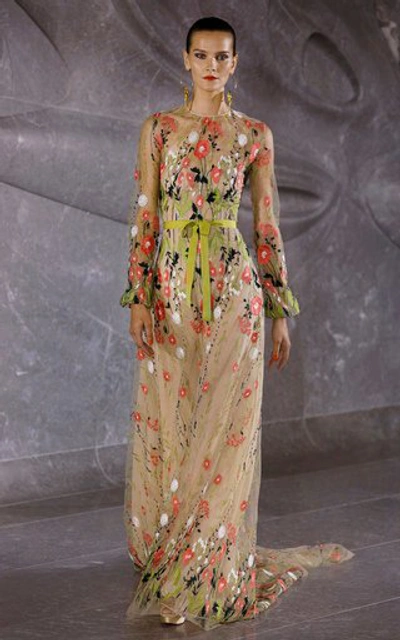 Shop Naeem Khan Tie-detailed Embroidered Chiffon Gown In Green