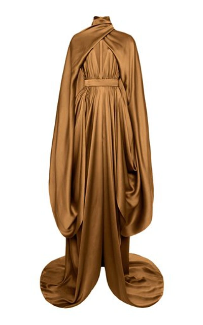 Shop Balmain Cape-effect Draped Silk Satin Gown In Gold