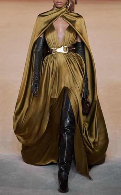 Shop Balmain Cape-effect Draped Silk Satin Gown In Gold