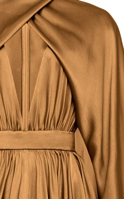 Shop Balmain Cape-effect Draped Silk Satin Gown In Gold