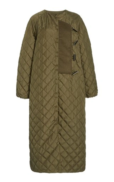 Shop Ganni Quilted Recycled Nylon Coat In Green