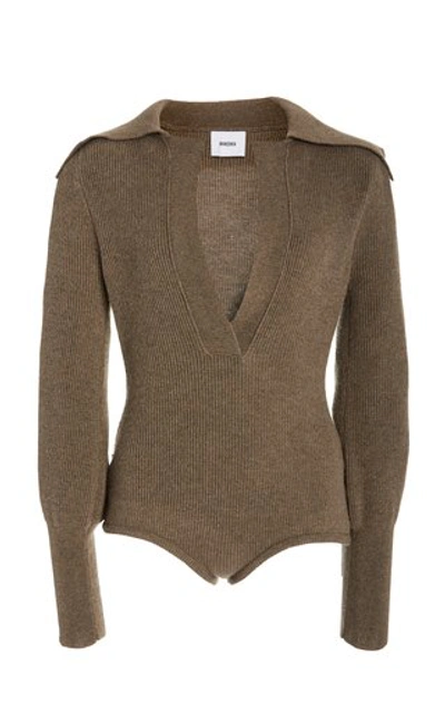 Shop Nanushka Dane Stretch Wool-blend Ribbed-knit Bodysuit In Grey