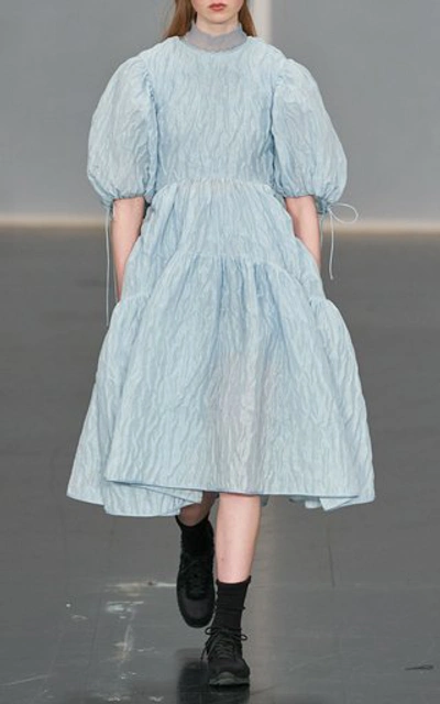 Shop Cecilie Bahnsen Libby Puffed-sleeve Cloque Midi Dress In Blue