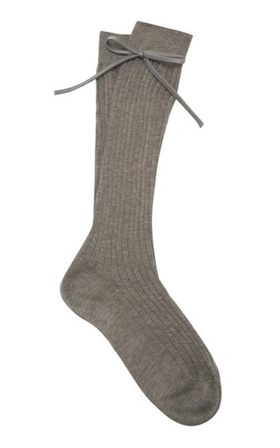 Shop Prada Bow-detailed Rib-knit Knee Socks In Grey