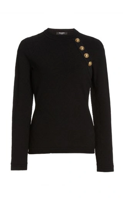 Shop Balmain Button-detailed Jersey-knit Sweater In Black