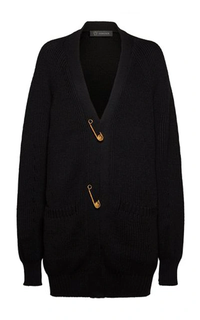 Shop Versace Oversized Safety Pin Wool Cardigan In Black