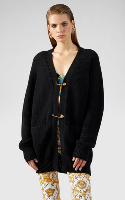 Shop Versace Oversized Safety Pin Wool Cardigan In Black