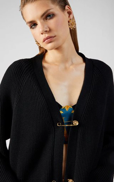 Shop Versace Oversized Safety Pin Wool Cardigan In Black