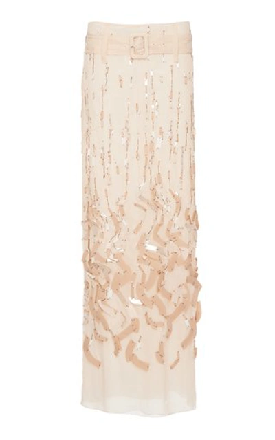 Shop Prada Belted Embellished Silk-chiffon Maxi Skirt In Neutral