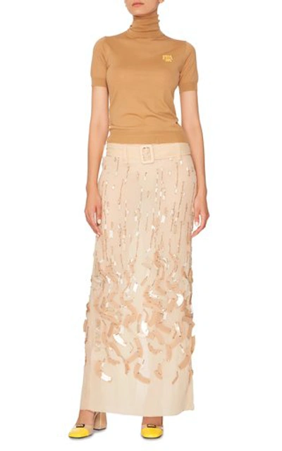 Shop Prada Belted Embellished Silk-chiffon Maxi Skirt In Neutral