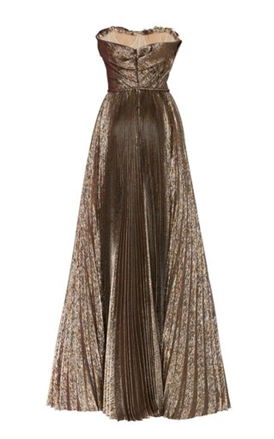 Shop Oscar De La Renta Embellished Lamã© Silk-blend Plissã© Strapless Gown In Gold