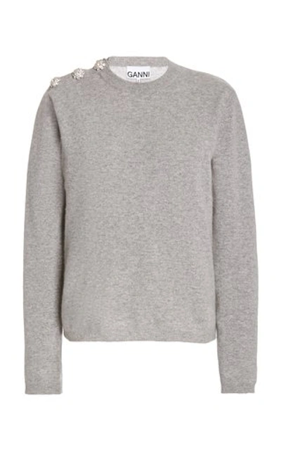 Shop Ganni Crystal-embellished Cashmere Knit Sweater In Grey