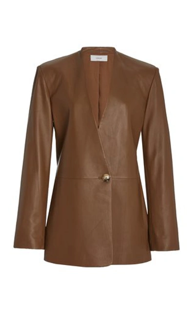 Shop Vince Leather Collarless Blazer In Brown