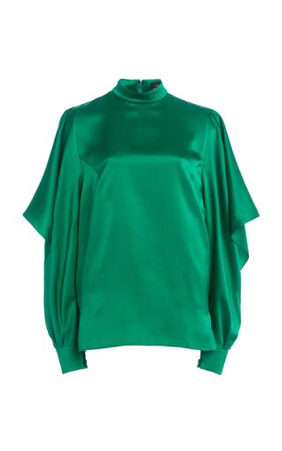 Shop Andrew Gn Draped-sleeve Silk Charmeuse Blouse In Green