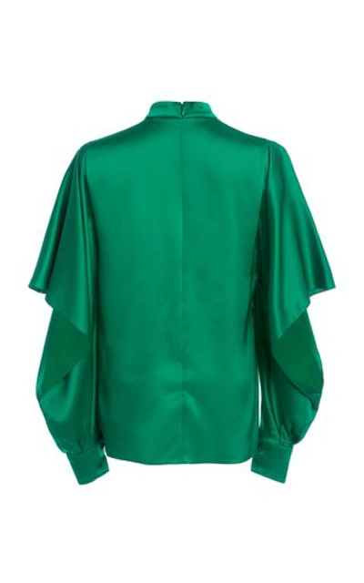 Shop Andrew Gn Draped-sleeve Silk Charmeuse Blouse In Green